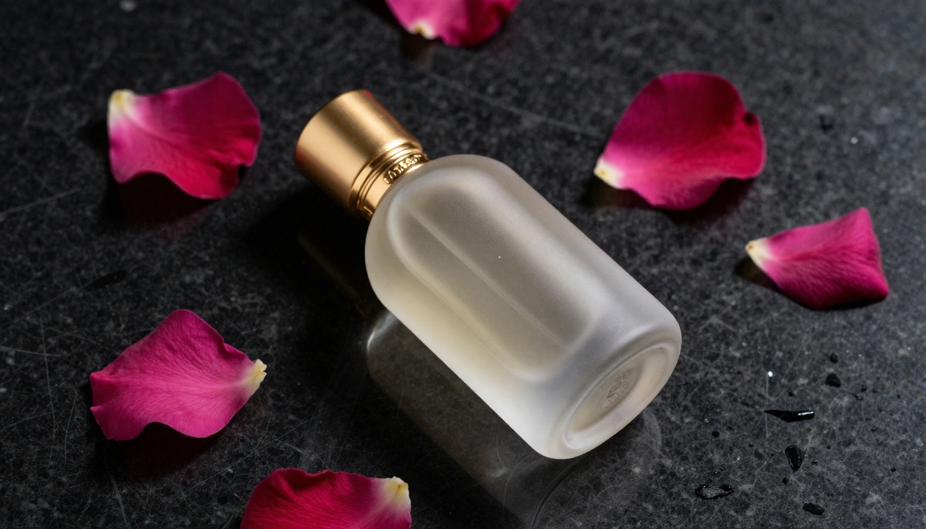 High-end product photography of a luxury frosted-glass perfume bottle with gold accents on polished black marble with scattered rose petals