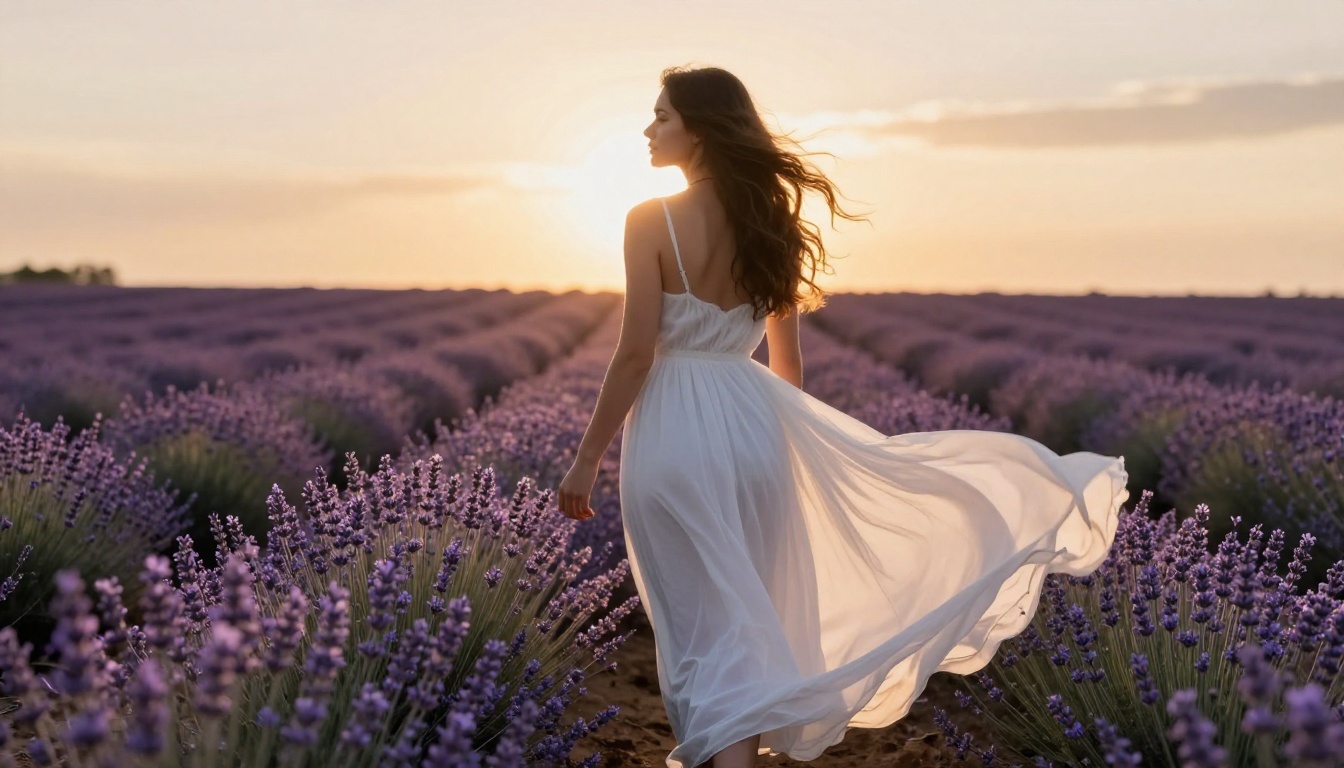 Photorealistic editorial of a woman in a flowing white sundress in a sunlit lavender field at golden hour, backlit silhouette, Canon 50mm, Kodak Portra 800, 8K