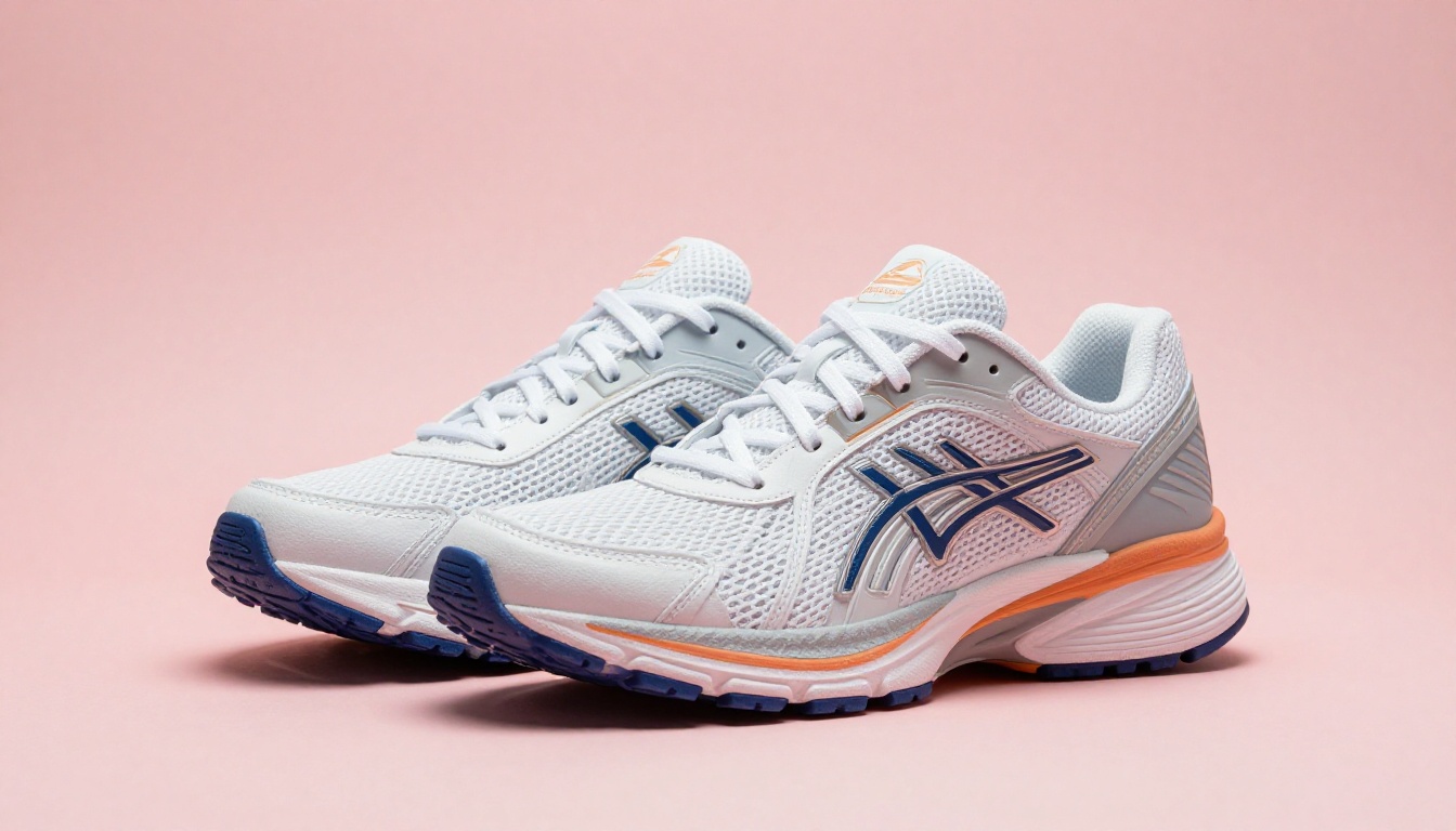 Polished editorial still life of premium running sneakers on a pastel studio backdrop with art-directed composition and realistic material texture