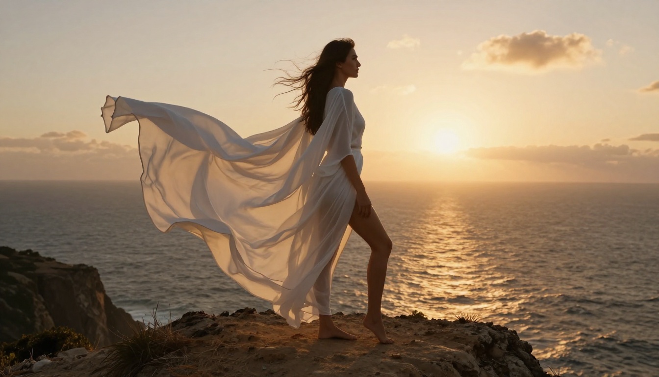 Photorealistic editorial of a woman in a sheer white kaftan on a windswept clifftop overlooking the ocean at sunset, billowing fabric, Sony 85mm, Kodak Portra 800, 8K