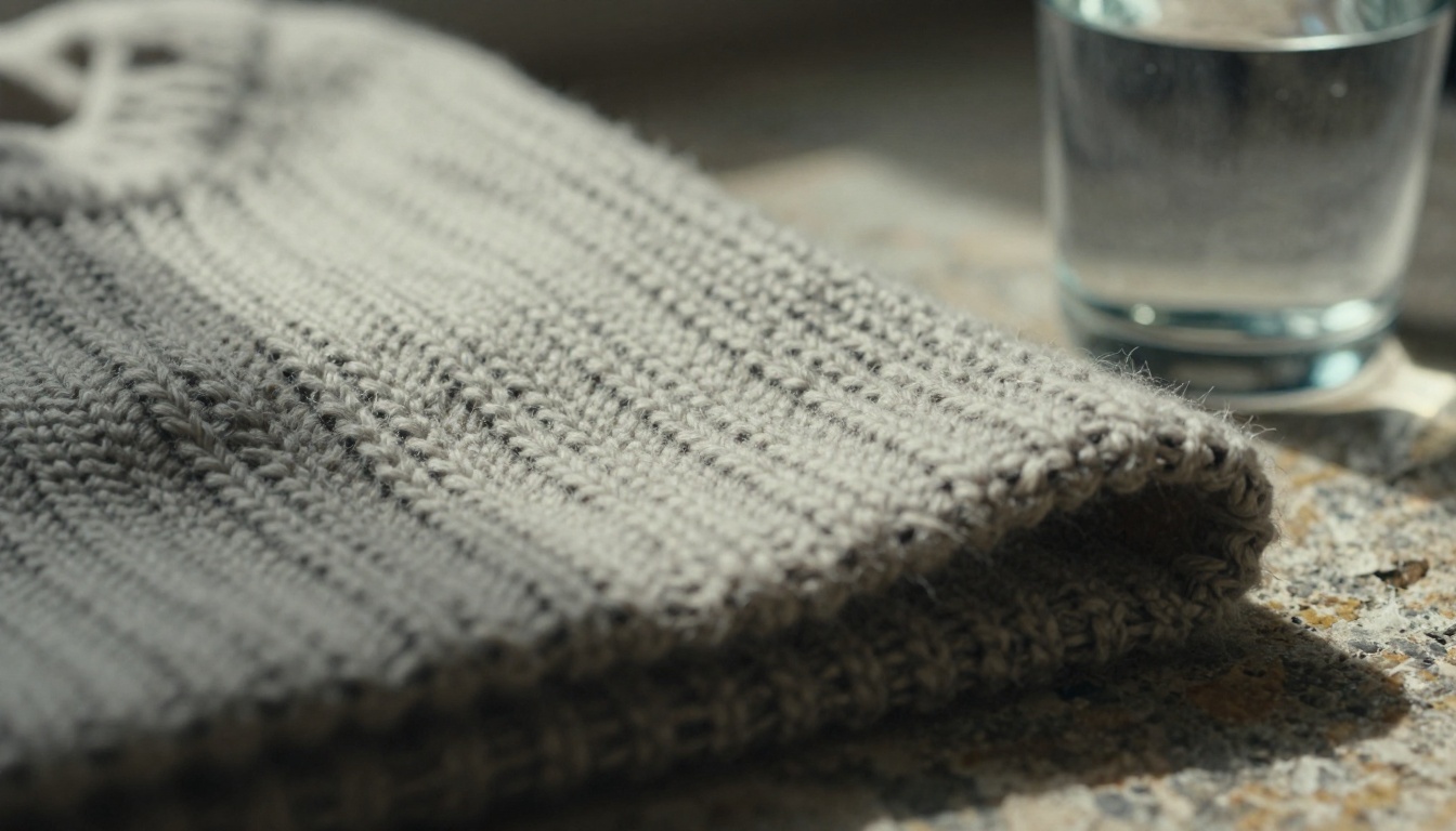 Macro texture study of folded wool knit, weathered stone and a glass of water under soft window light showing realistic material detail