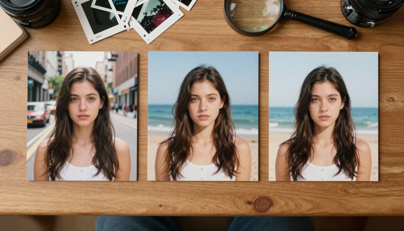 Flat-lay of three printed photographs of the same model in a city street, a beach and a studio arranged on a wooden desk showing consistent facial identity