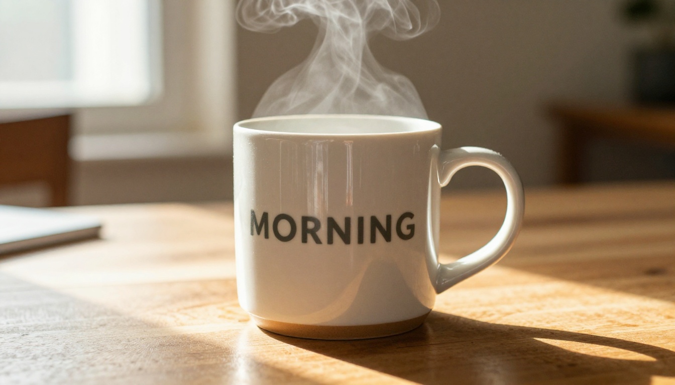 A ceramic coffee mug on a wooden table with the clearly legible word MORNING in simple sans-serif lettering demonstrating clean text rendering