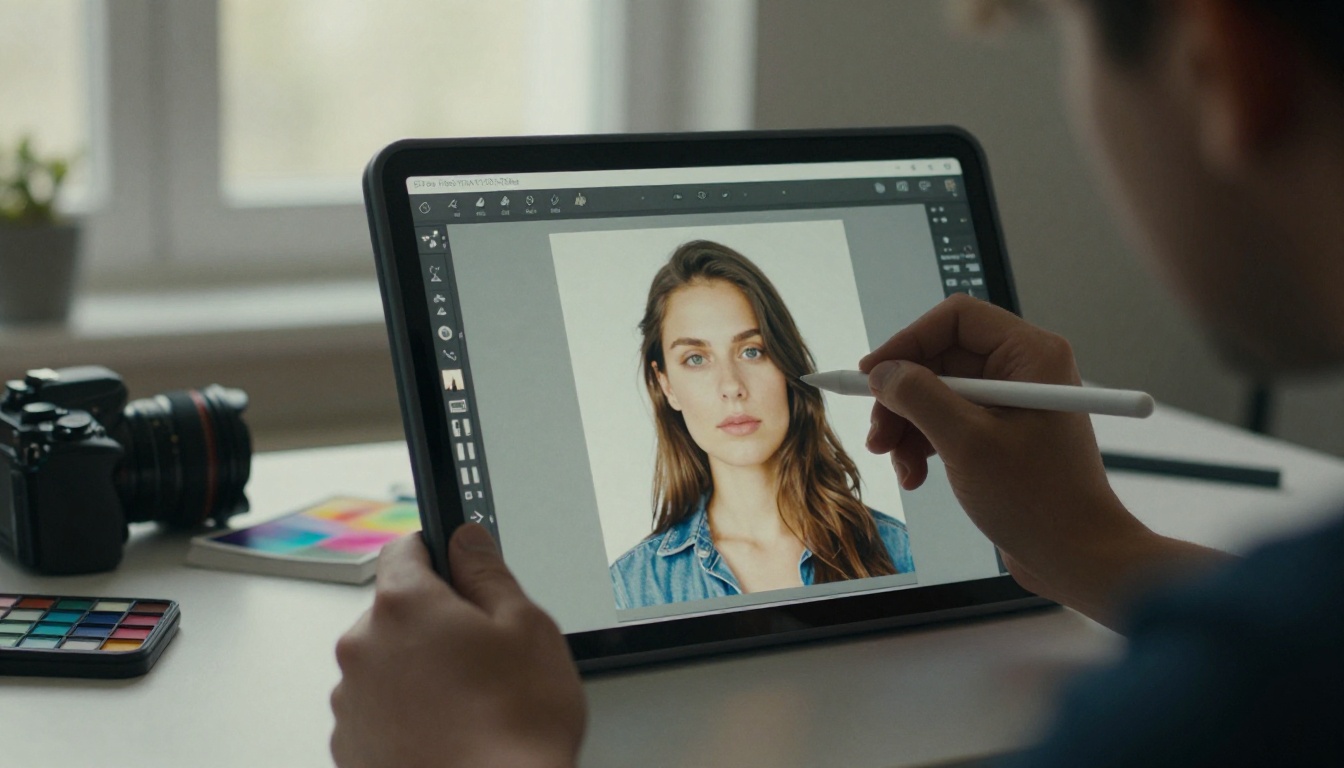 Creative professional using a stylus on a tablet to mask and inpaint a portrait photograph with a background selection visible on screen
