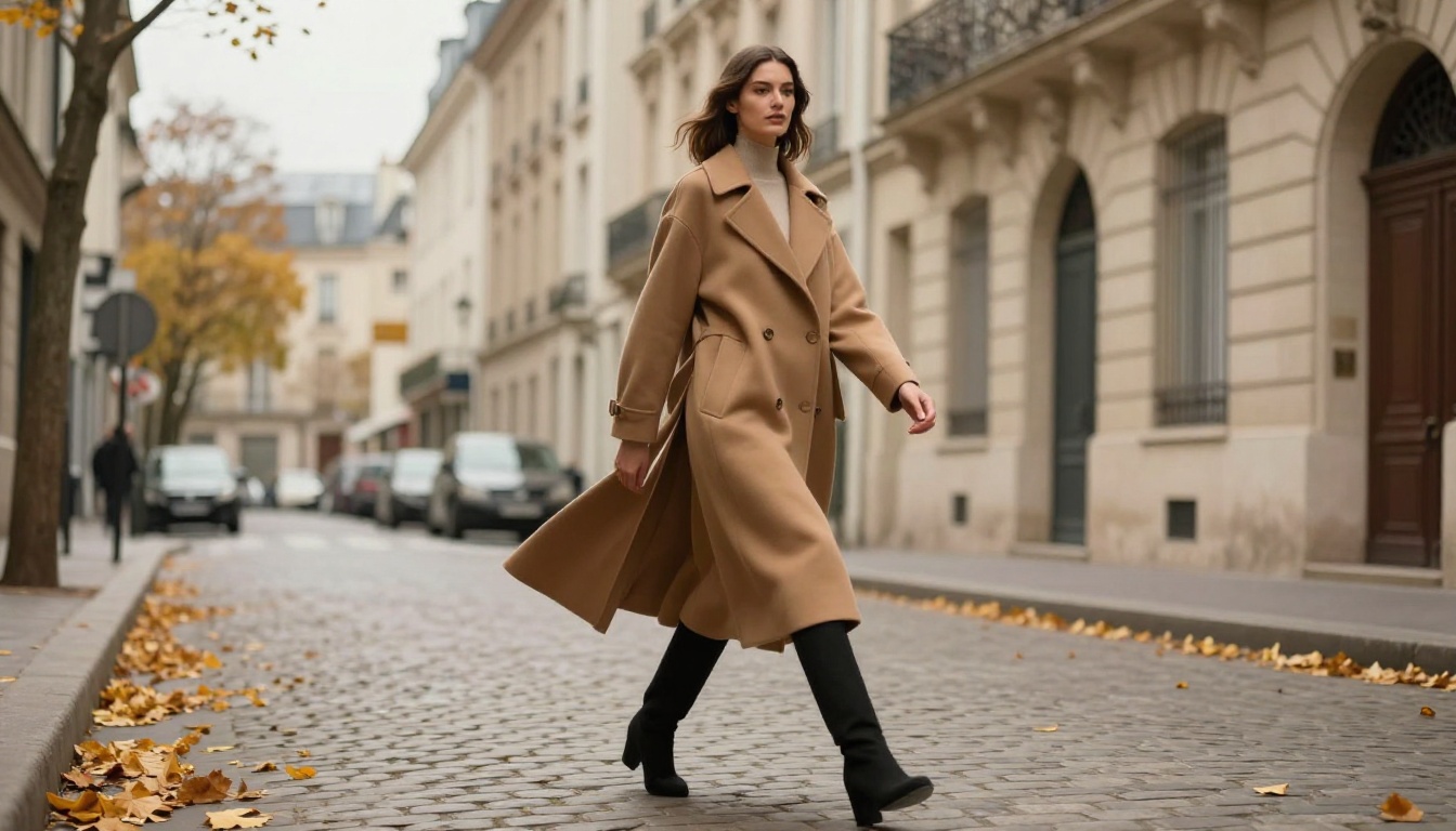 High fashion editorial of a model in a flowing designer coat on a Parisian cobblestone street in autumn showing a consistent editorial style