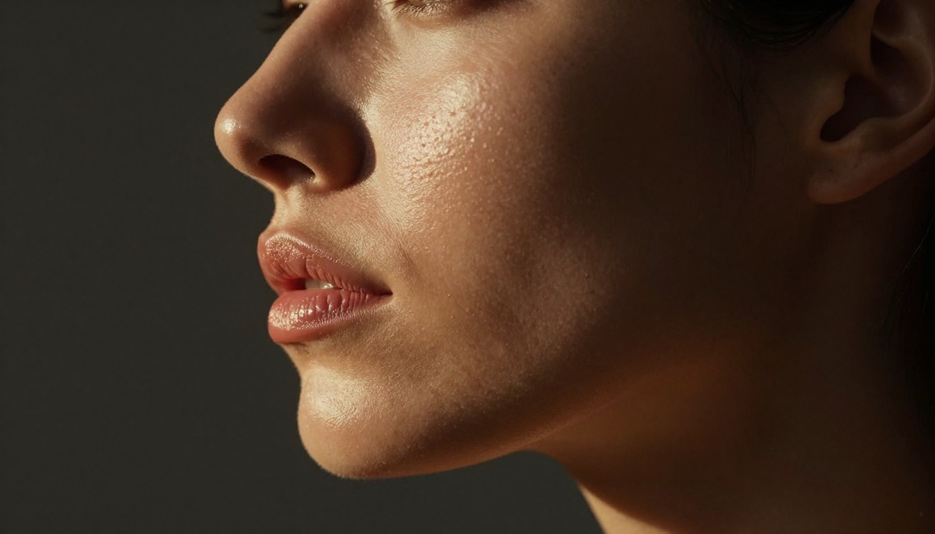 Photorealistic close-up editorial of a woman's profile with dramatic split lighting, half in warm light and half in soft shadow, Sony 135mm, fine pore detail, 8K