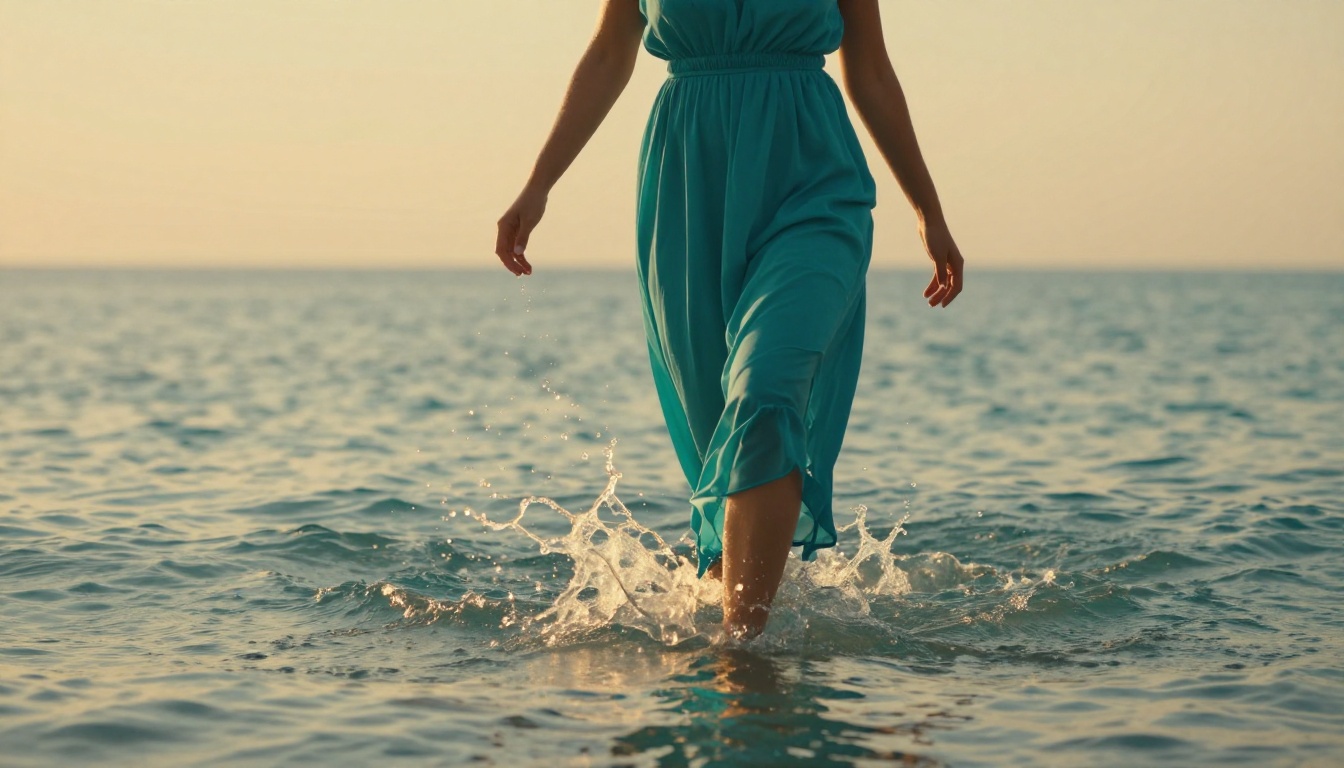 Photorealistic cinematic editorial of a woman in a flowing turquoise chiffon dress wading through shallow sea water at sunset, fabric trailing, Canon 70-200mm, 8K