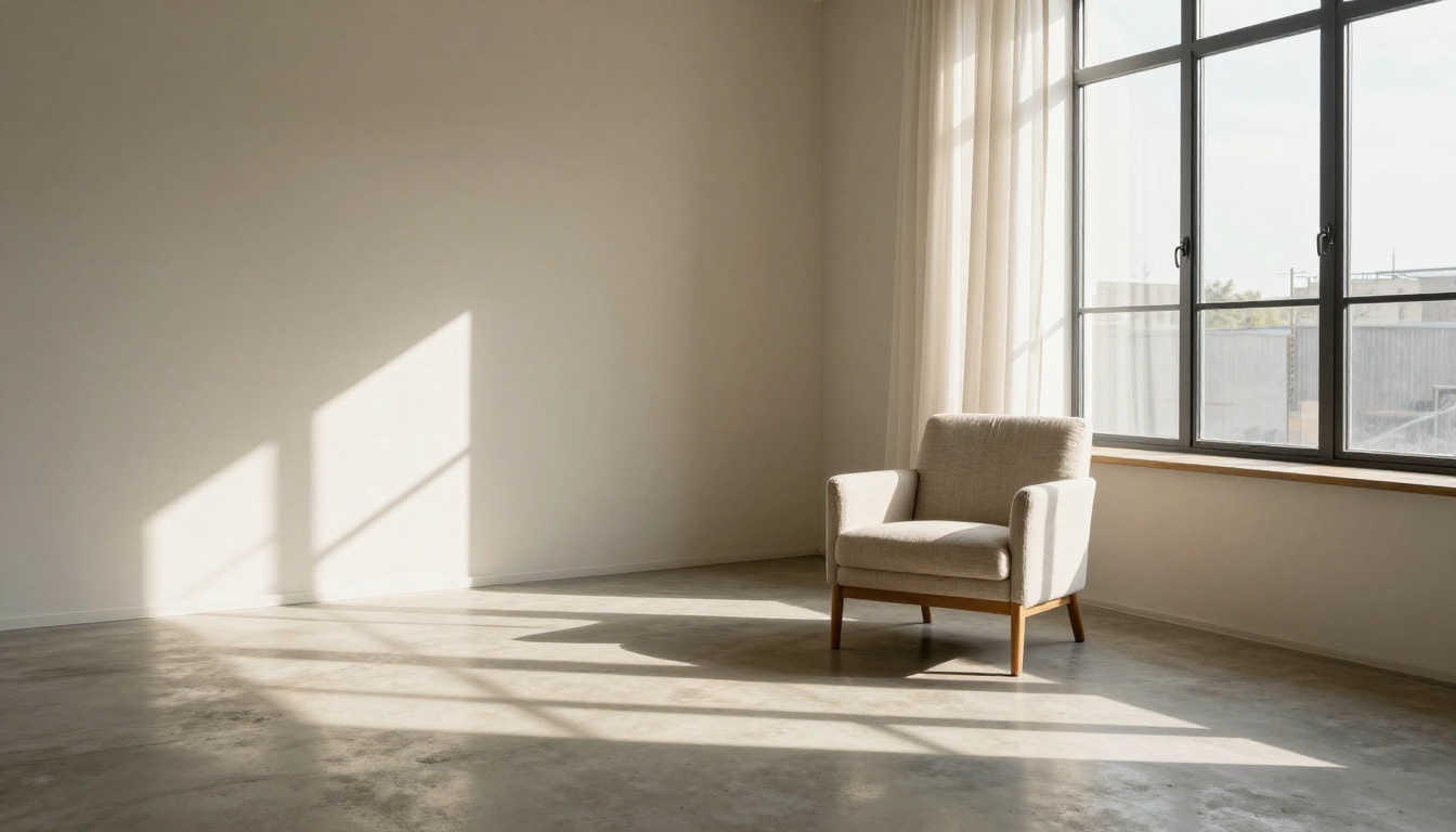 Minimalist Scandinavian living room with dramatic late-afternoon shadow patterns across a polished concrete floor showing high resolution architectural detail
