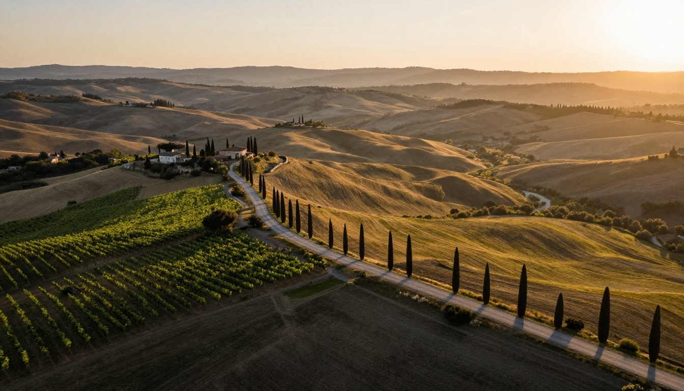 Aerial view of rolling Tuscan hills at golden hour with a cypress-lined road and patchwork vineyards used as the source still for an AI generated video