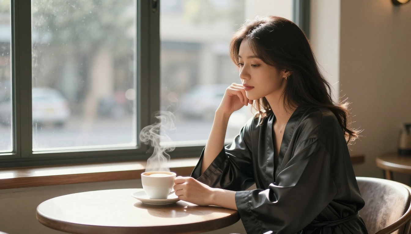 Photorealistic editorial of a woman in a charcoal silk robe at a sunlit cafe table by a large window, soft morning light, steam from a coffee cup, Fuji GFX 110mm, 8K