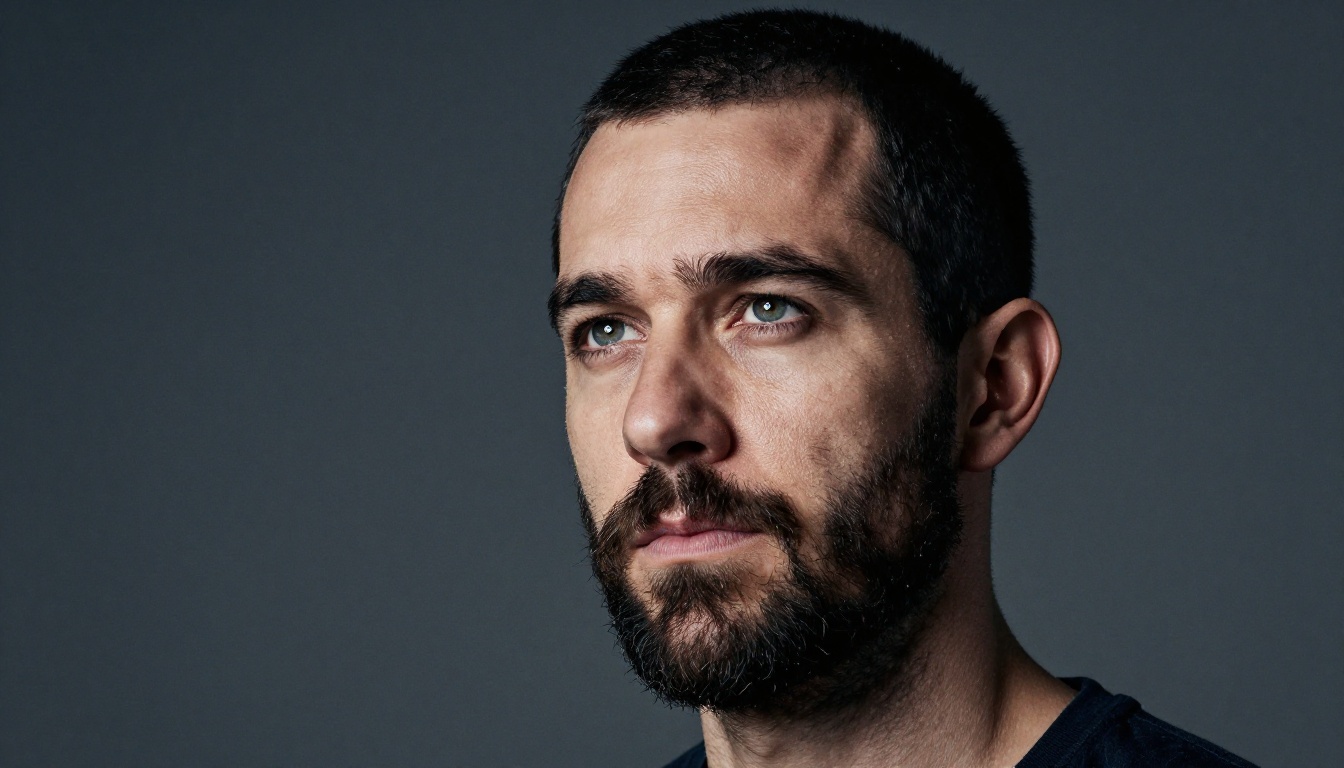 Studio portrait of a bearded man under dramatic single-source Rembrandt lighting against a slate-gray backdrop showing clean, artifact-free output