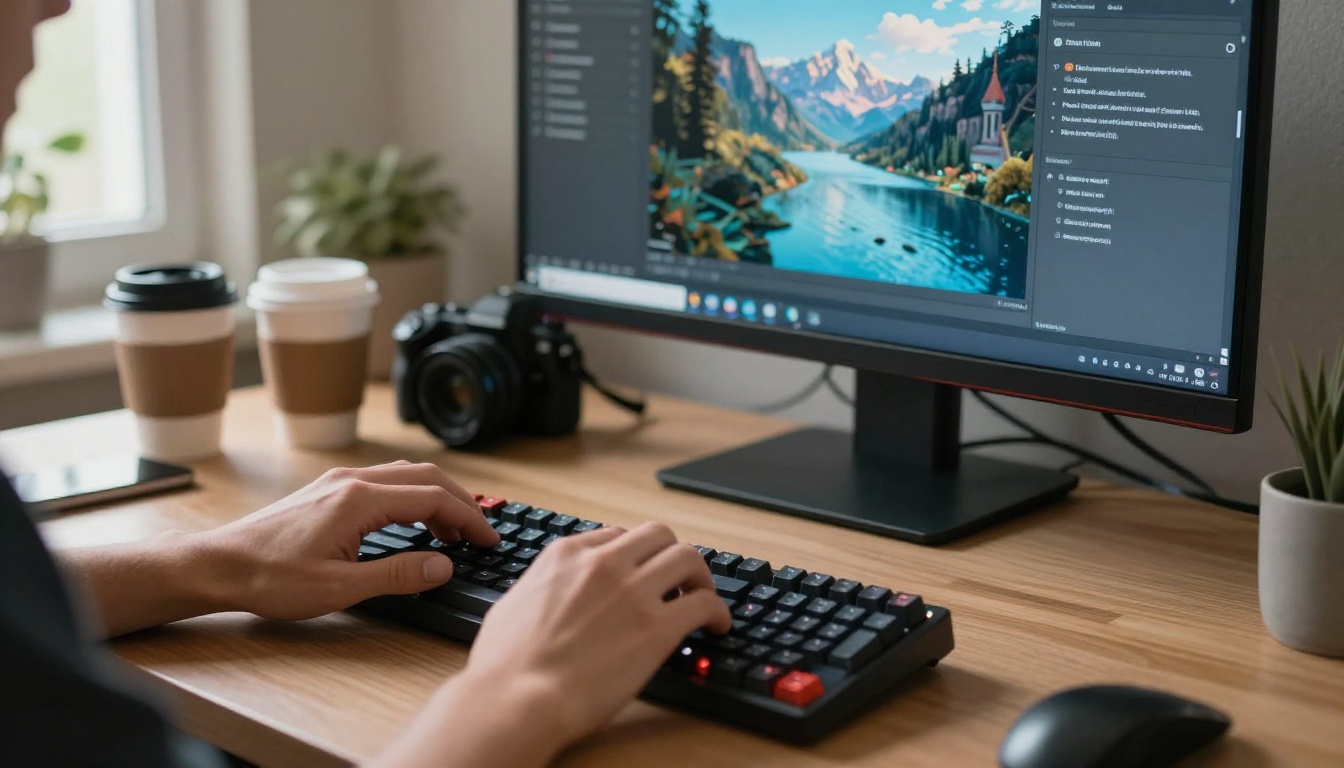 Hands typing on a mechanical keyboard with an AI image generation interface on the monitor representing a fast modern creative workflow