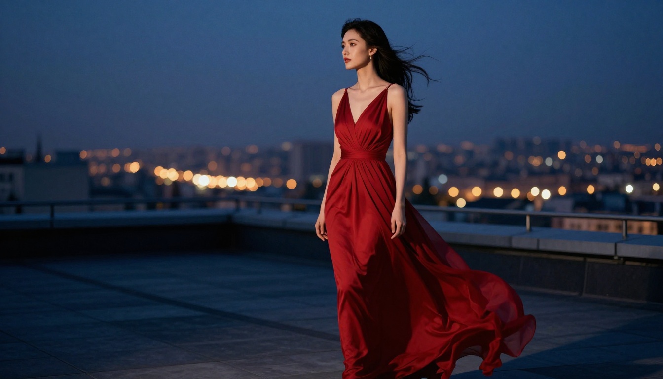 Photorealistic editorial of a woman in a flowing scarlet evening gown on a rooftop terrace at blue hour with warm city lights bokeh, soft key light, Sony 85mm, 8K