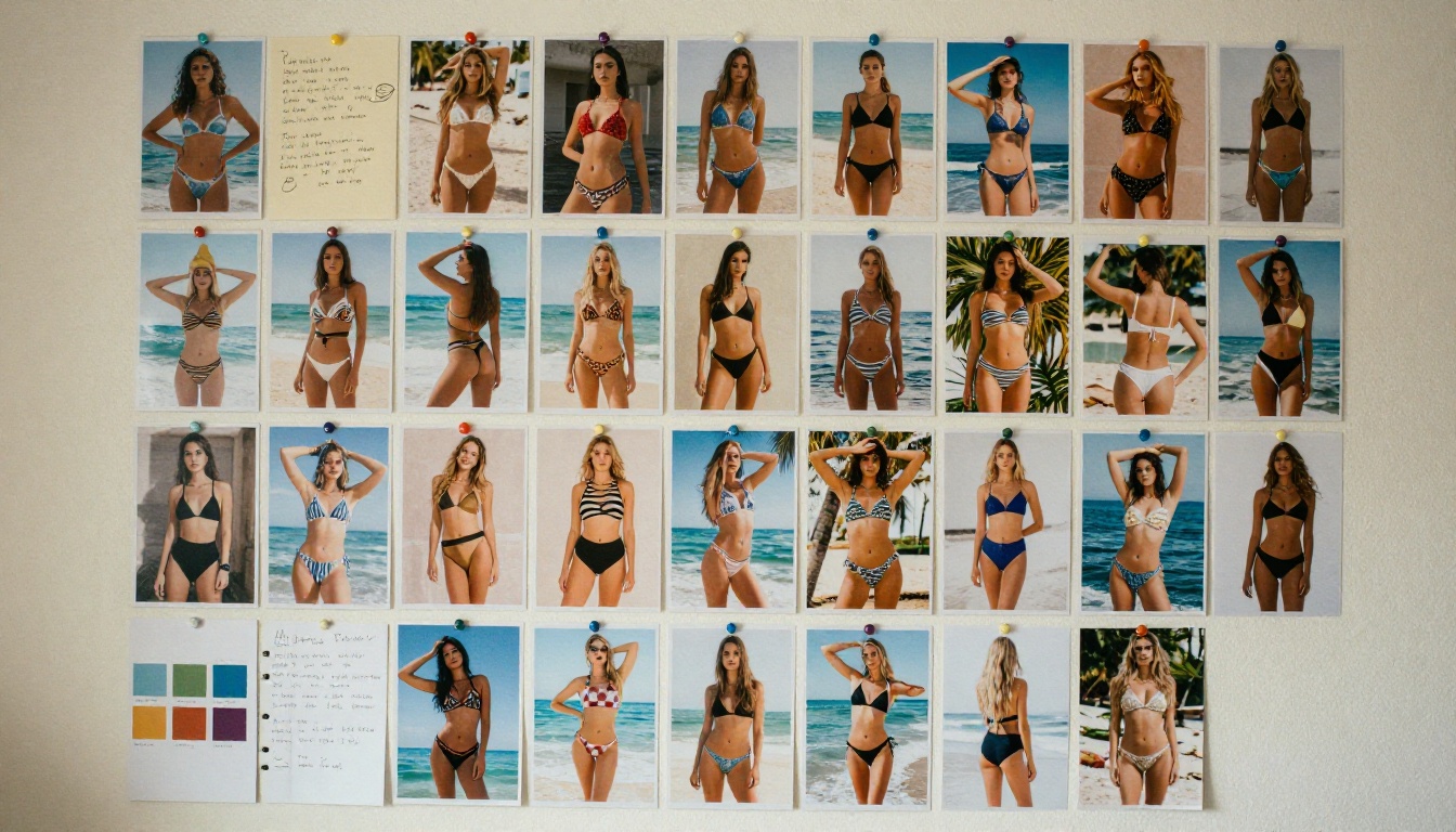 Creative mood board with pinned fashion references, color swatches and handwritten notes laid out in a grid for planning a cohesive visual style