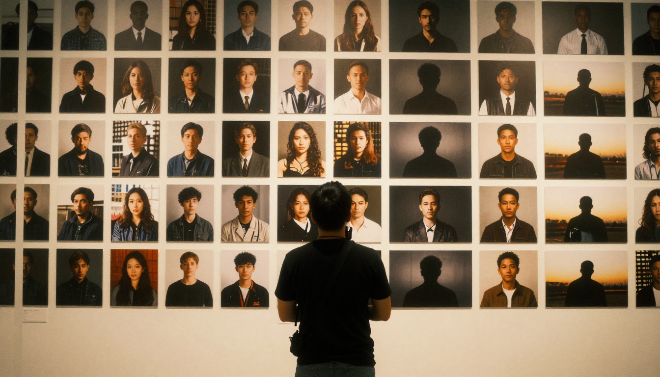 A photographer reviewing a wall covered with dozens of printed image variations of the same portrait illustrating unlimited generation