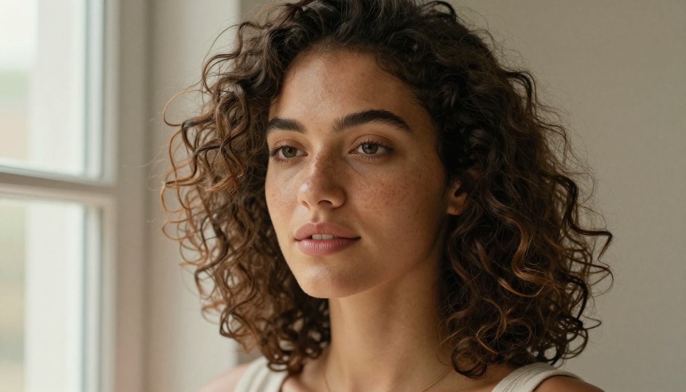 Photorealistic close-up portrait of a woman with sun-kissed skin in soft window light