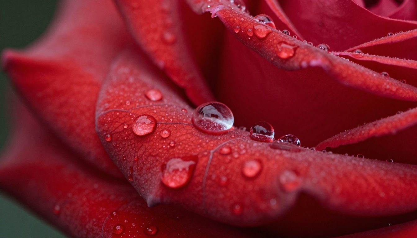 Extreme macro of a dew-covered red rose petal with crystal water droplets