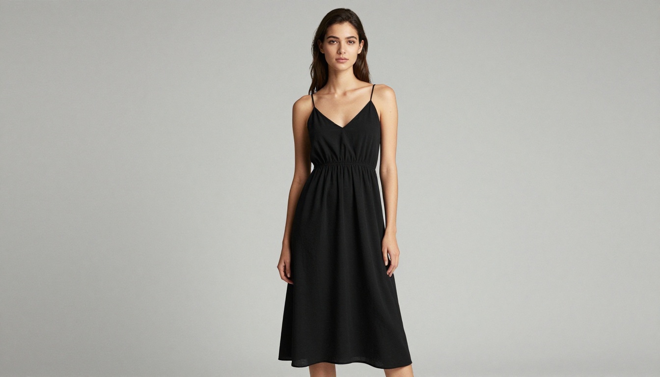 Fashion model in an elegant black dress in a bright minimalist studio