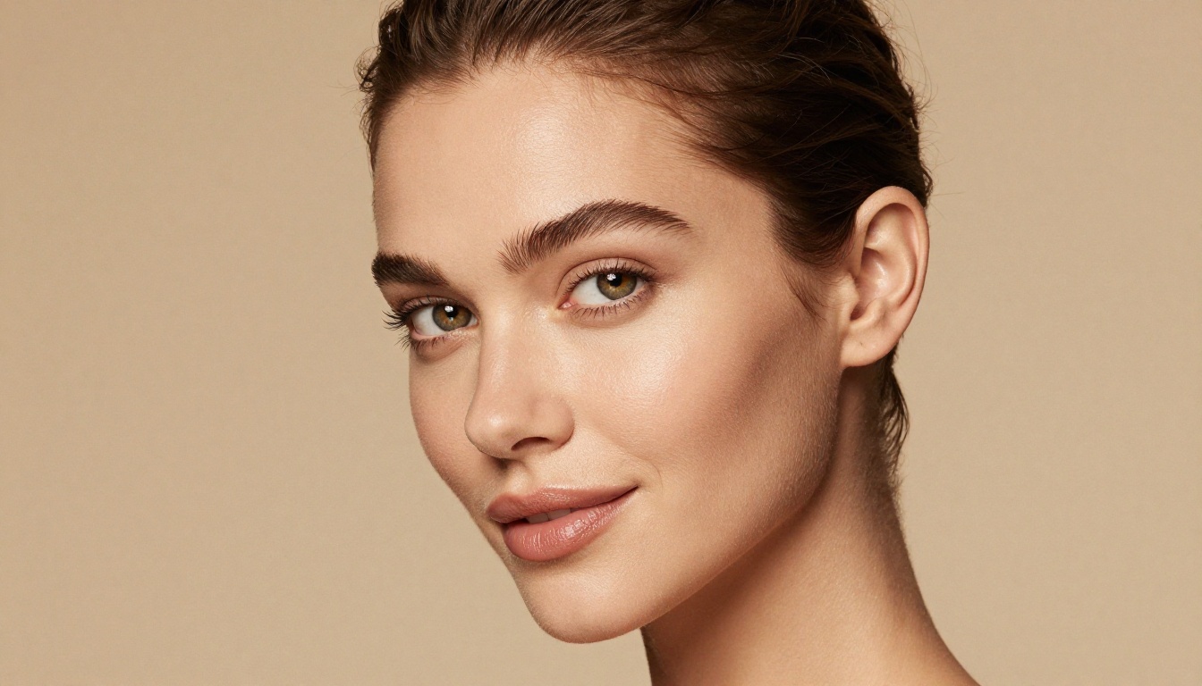 Beauty close-up of a woman with glowing healthy skin under soft ring light