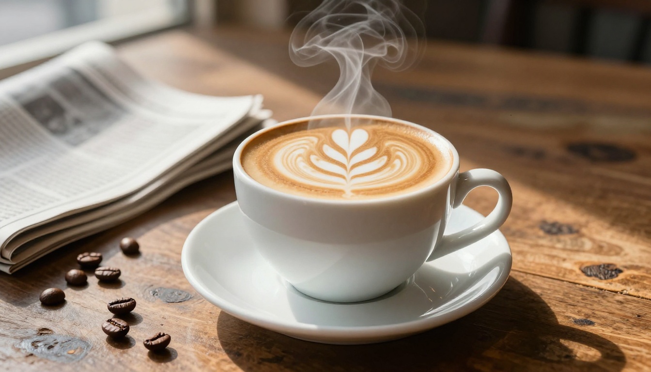 Hyper-detailed realistic cup of artisan coffee on a rustic wooden table in morning light