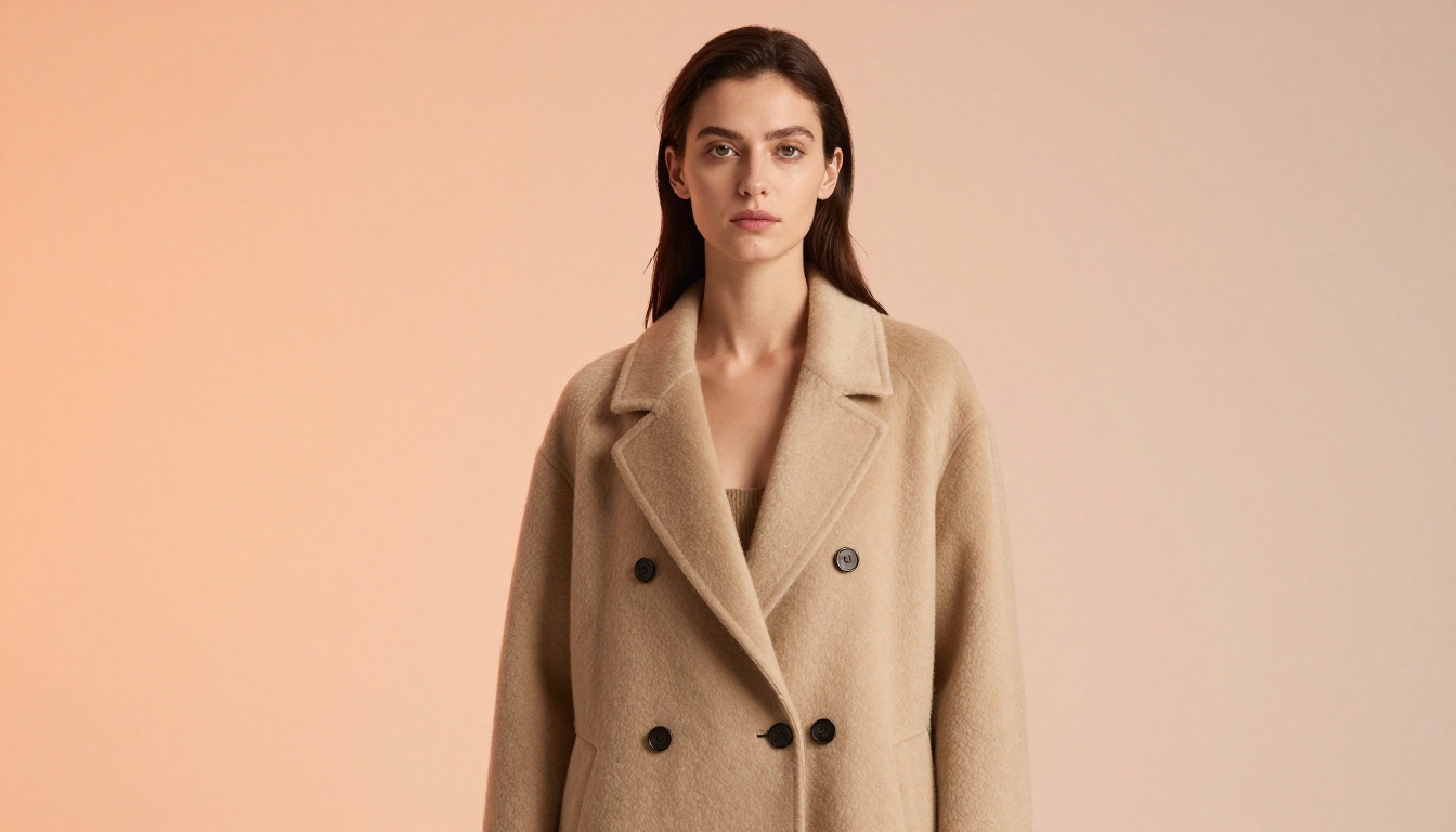 Art-directed editorial portrait of a woman in a beige coat against a warm gradient background