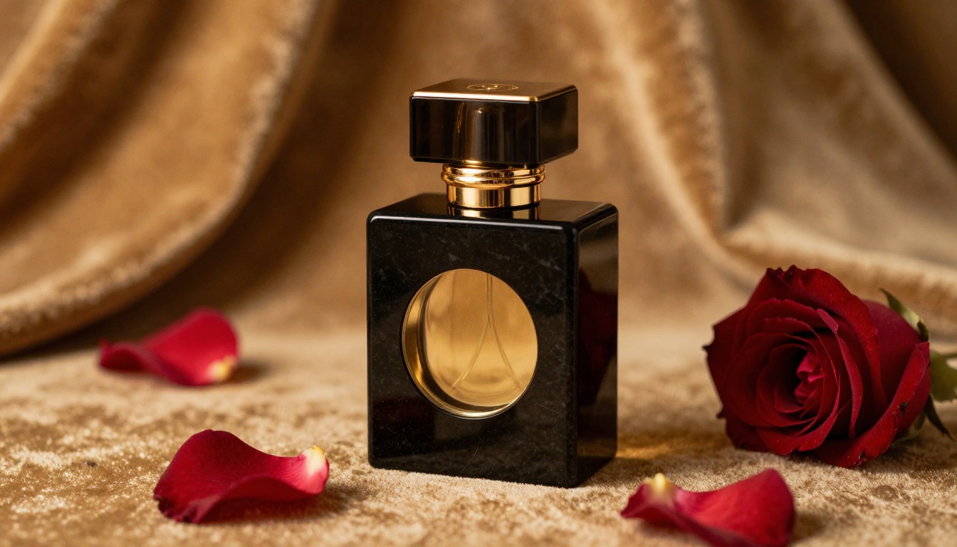 Premium frosted glass perfume bottle on black marble with rose petals