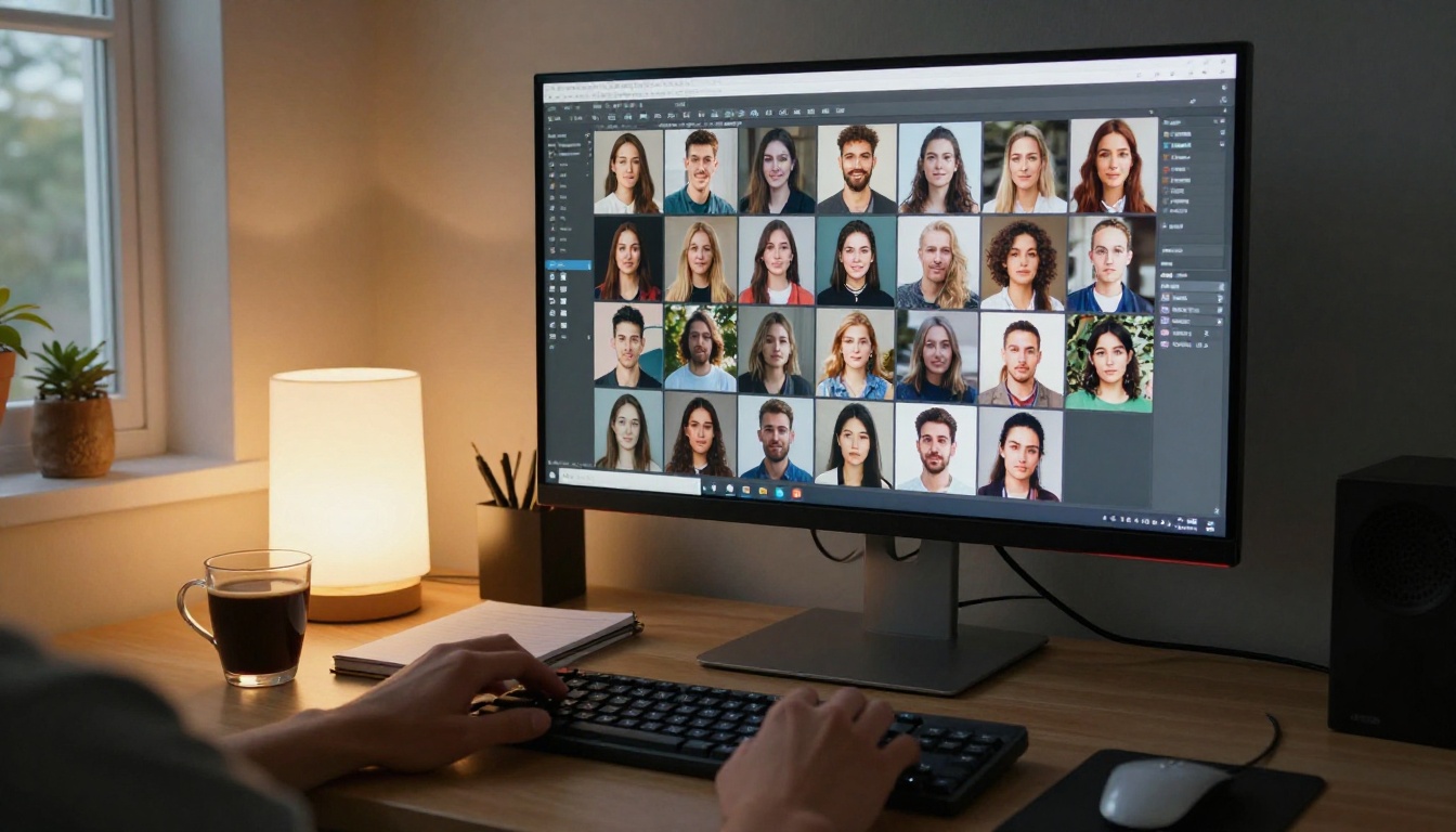 Creative desk with a monitor displaying a grid of AI-generated photorealistic portraits