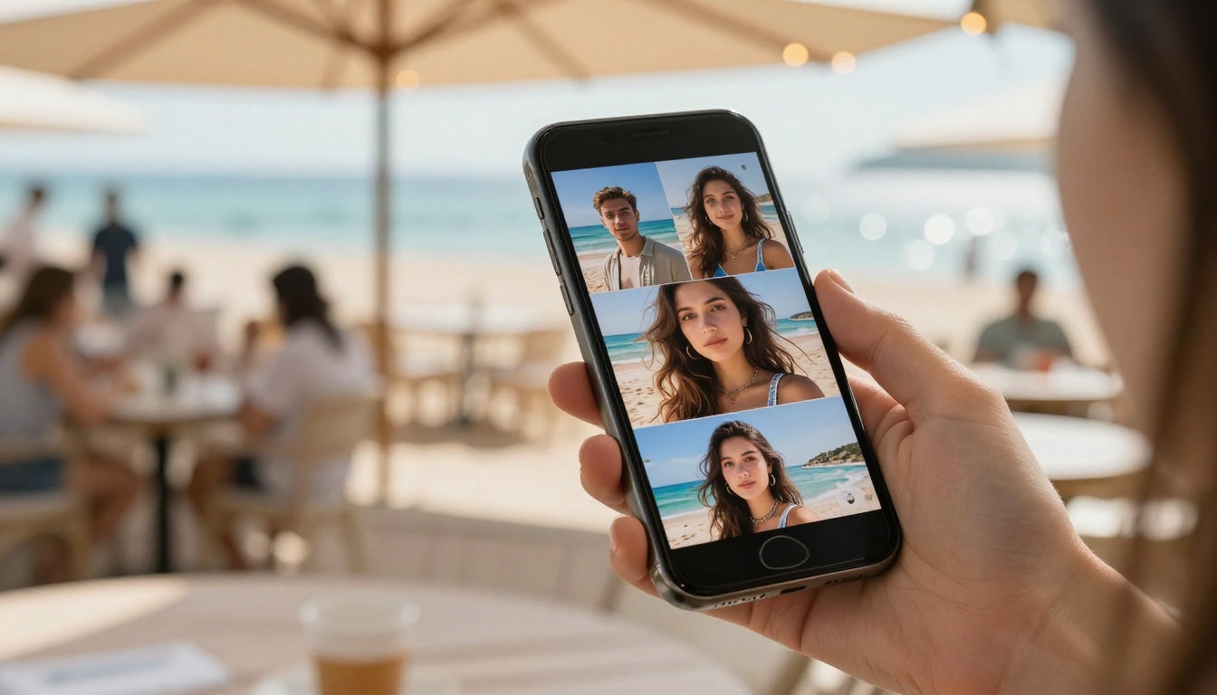 Smartphone in hand showing a gallery of AI-generated beach portraits at a sunny cafe