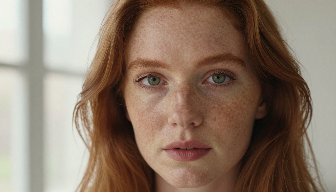 Intimate close-up portrait of a freckled red-haired woman with striking green eyes