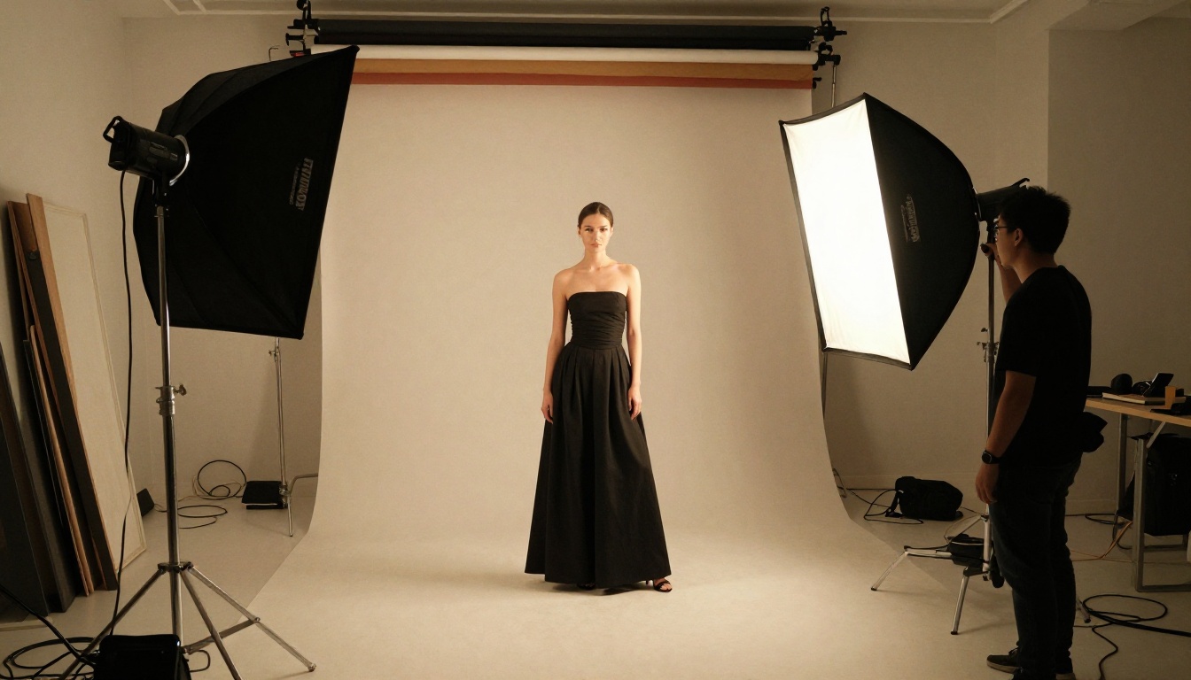 Behind-the-scenes professional photography studio with softboxes and a model on set