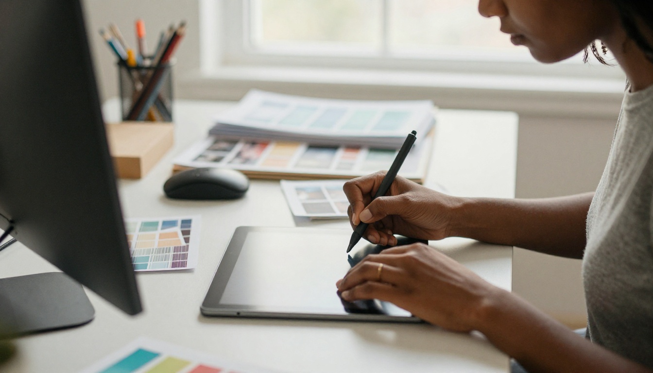 Graphic designer working at an organized desk with a stylus, tablet, and color swatches