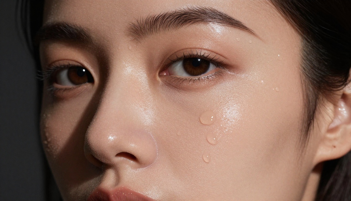 Glamorous beauty close-up of a woman with dewy luminous skin and dramatic side lighting
