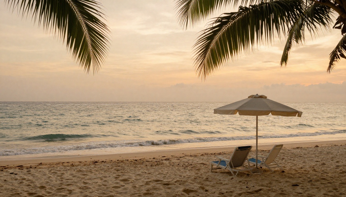 Serene tropical beach at golden hour with gentle waves and a single parasol