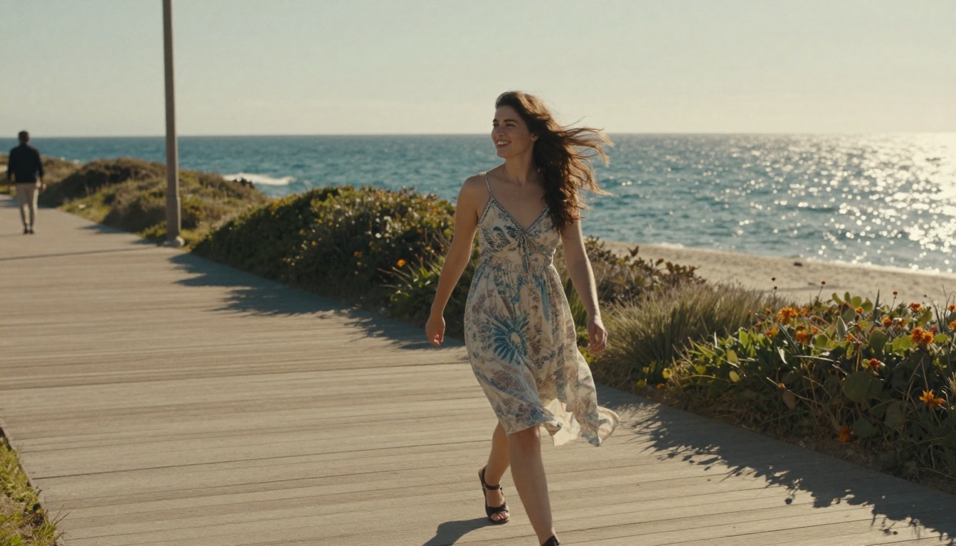 Woman in a sundress walking along a sunlit coastal boardwalk with the ocean sparkling behind