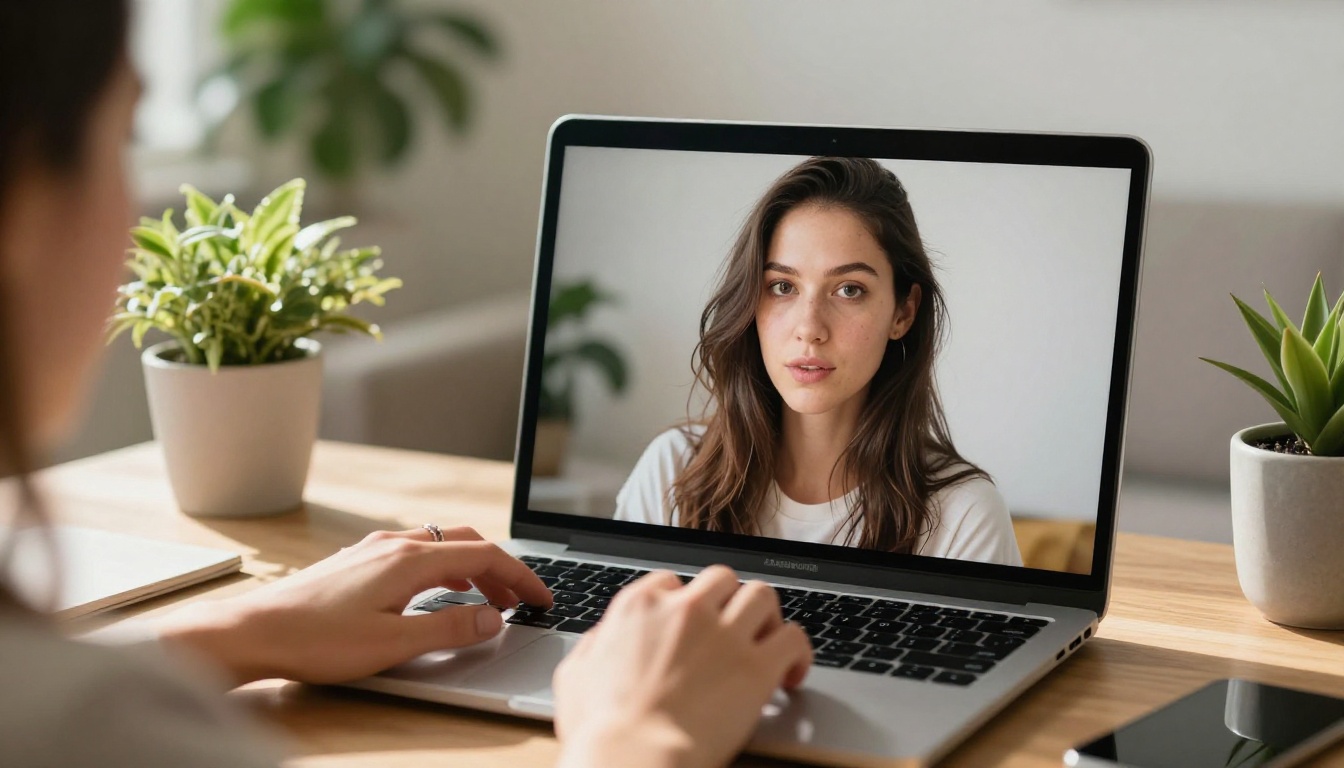 Content creator reviewing photos on a laptop in a sunlit bright studio