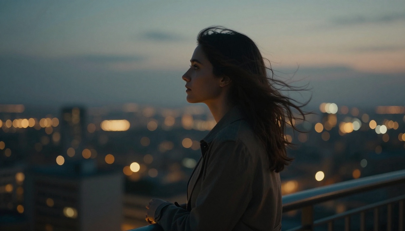 Cinematic dusk portrait of a woman on a balcony overlooking a glowing city skyline