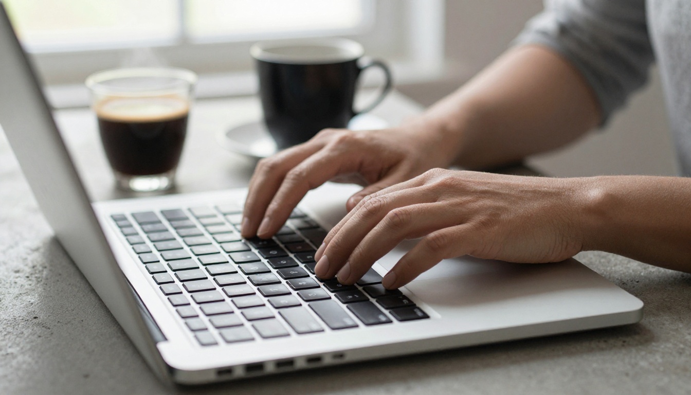 Close-up of hands typing on a sleek silver laptop keyboard, a cup of black coffee on a concrete desk, soft natural north light