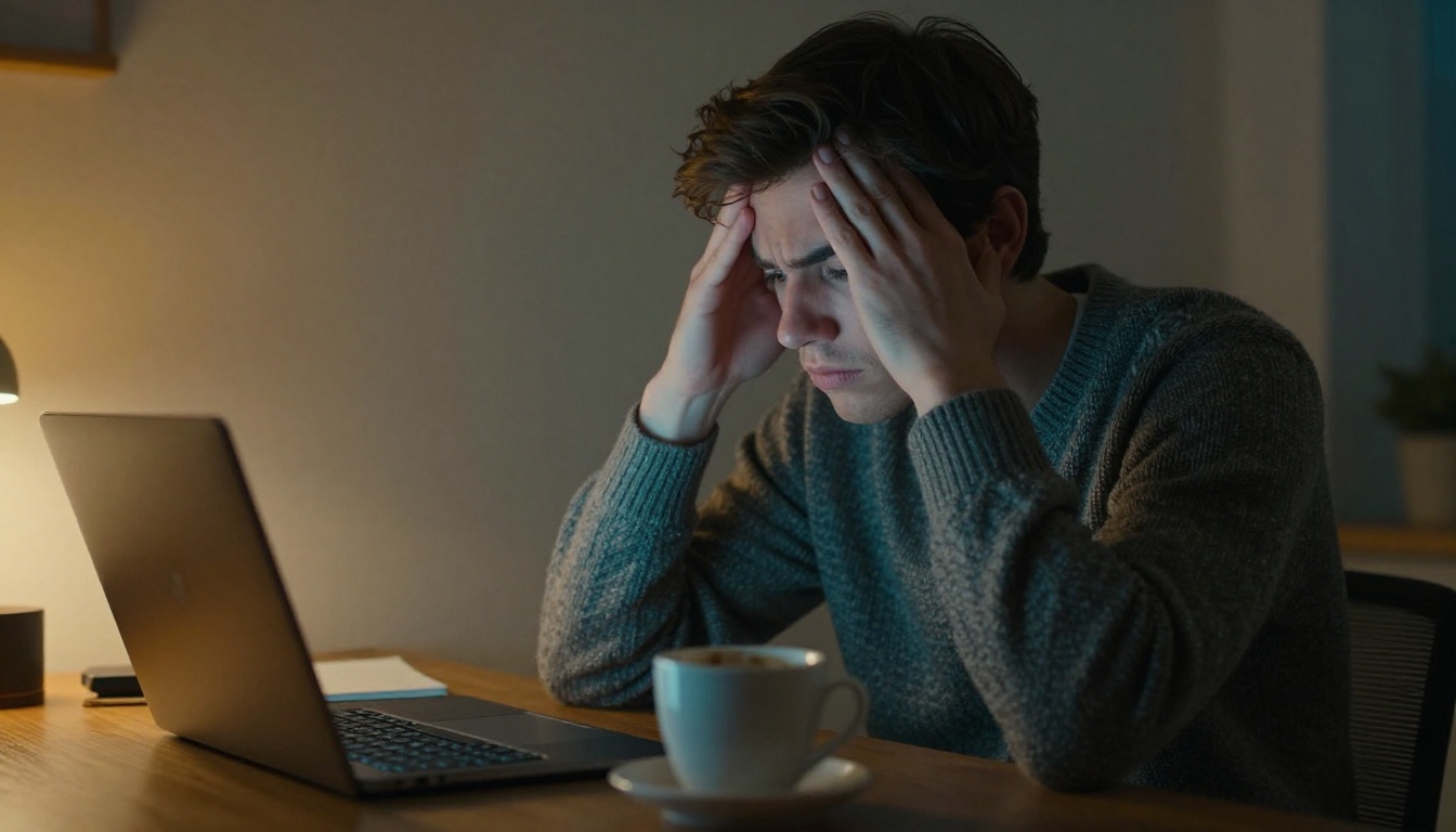 A young creator leaning back at a wooden desk rubbing his temples beside an empty coffee cup and a glowing laptop, moody evening light