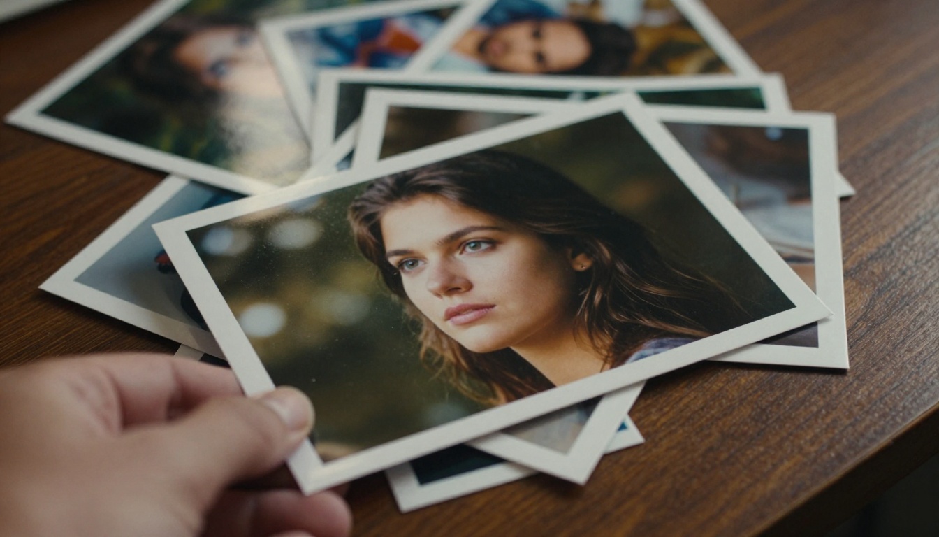 Overhead close-up of glossy printed photographs scattered on a dark walnut table, one held at the corner, raking window light