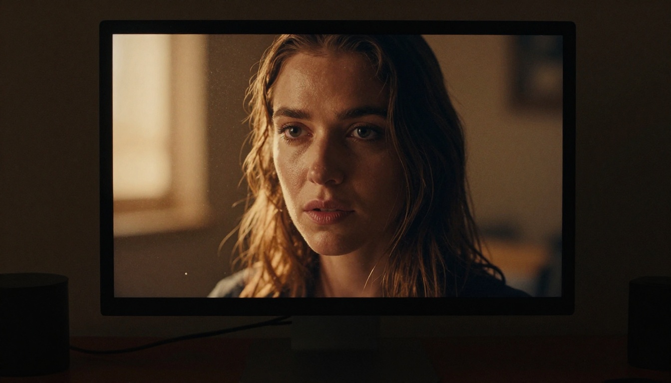 A high-resolution monitor on a dark desk displaying an ultra sharp photorealistic portrait, warm rim light, dust in the air