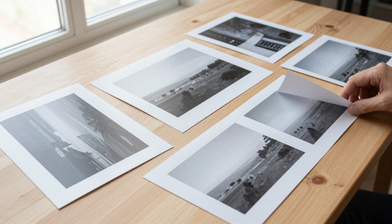 Overhead view of photo prints in different aspect ratios laid out on a light oak table, a hand placing one into position