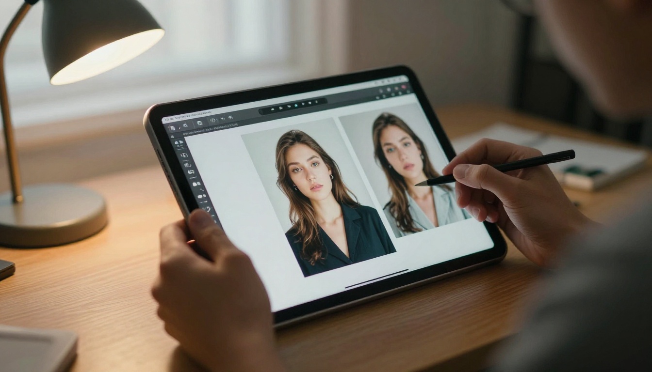 Over-the-shoulder view of a designer holding a tablet showing a portrait being edited with a new background, original print beside it