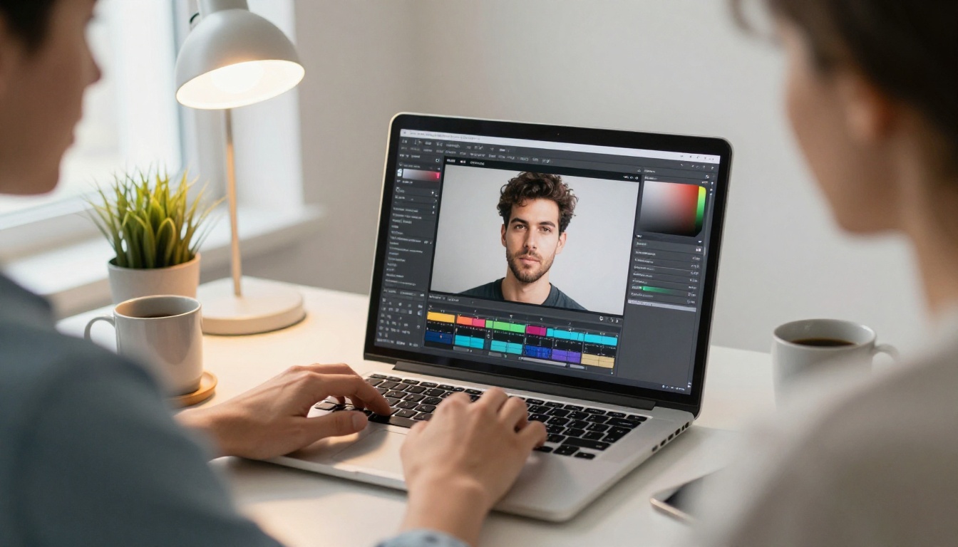 Editing a portrait on a laptop in a bright studio