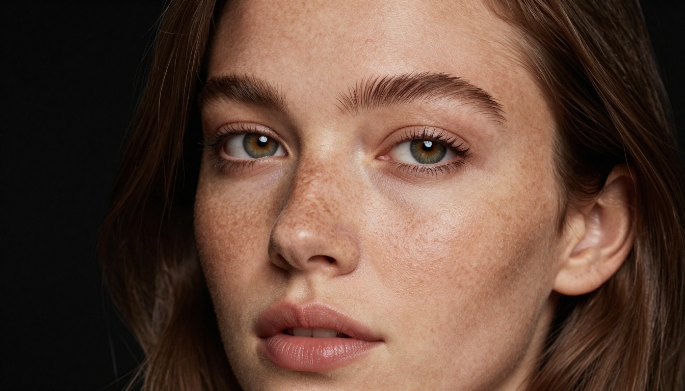 Ultra detailed beauty portrait of a woman with radiant freckled skin, soft studio softbox light, deep black background