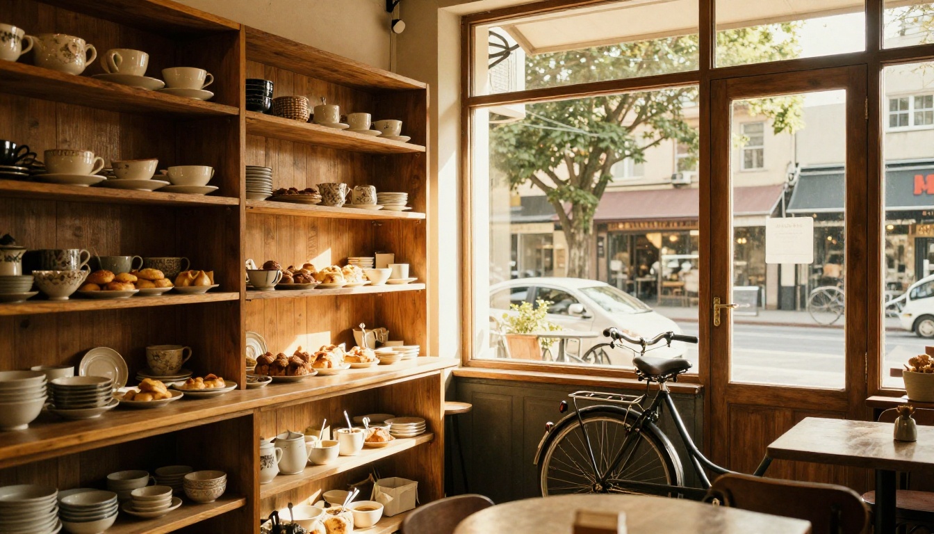 Warm nostalgic interior of a cozy neighborhood café, wooden shelves with ceramics and pastries, soft afternoon light through tall windows
