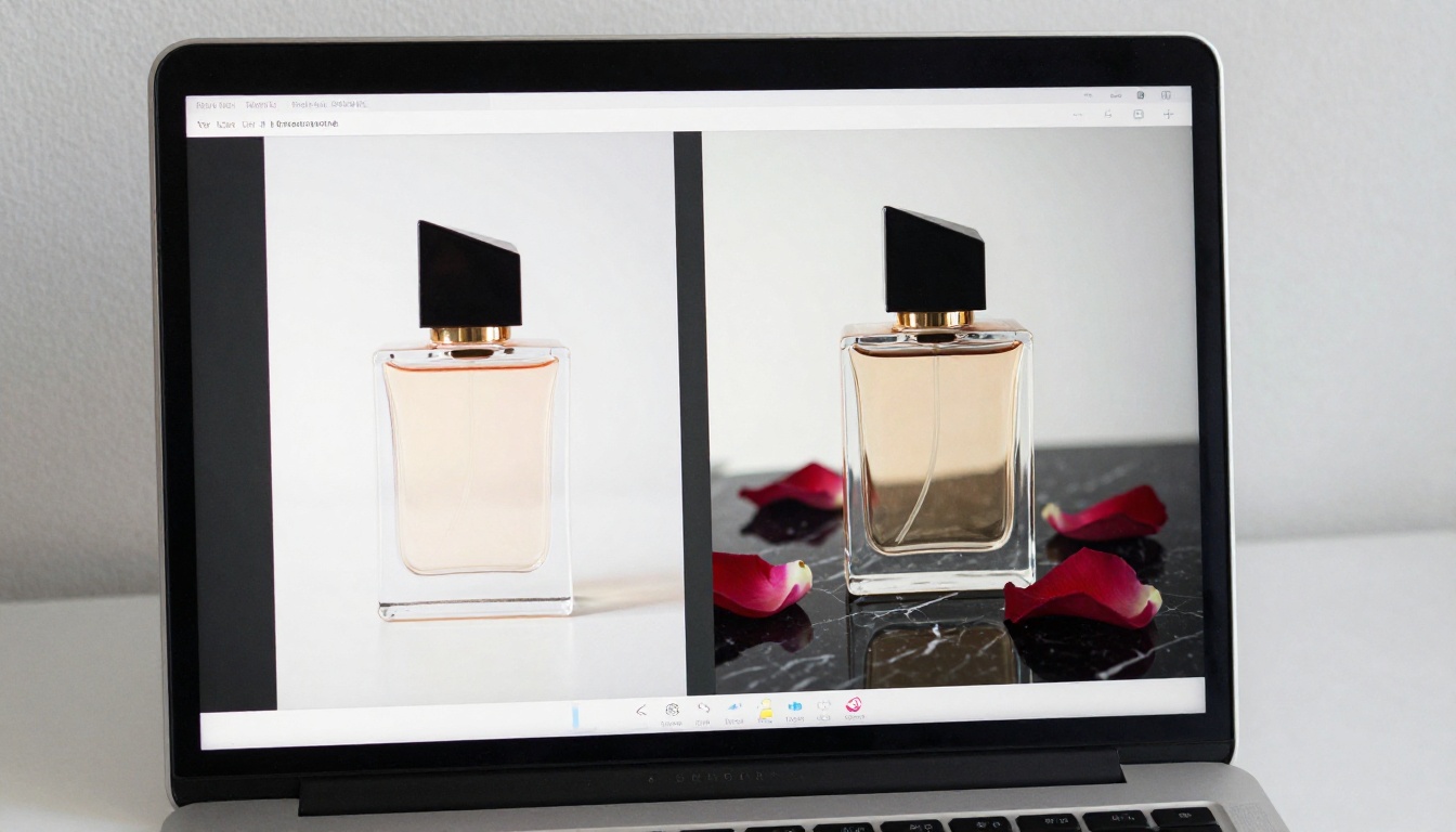 A laptop screen showing a split before and after photo edit of a perfume bottle, plain on the left and styled on black marble on the right