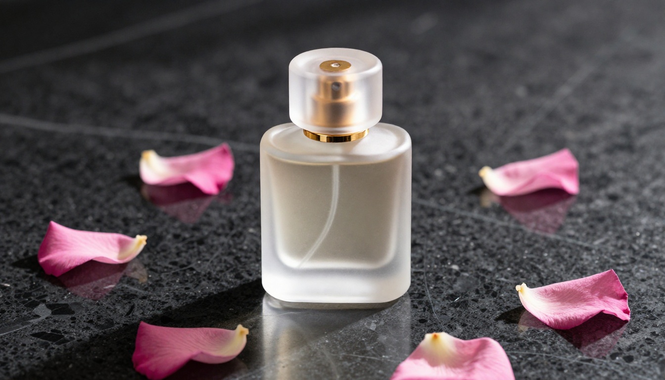 Frosted glass perfume bottle on black marble, a product shot