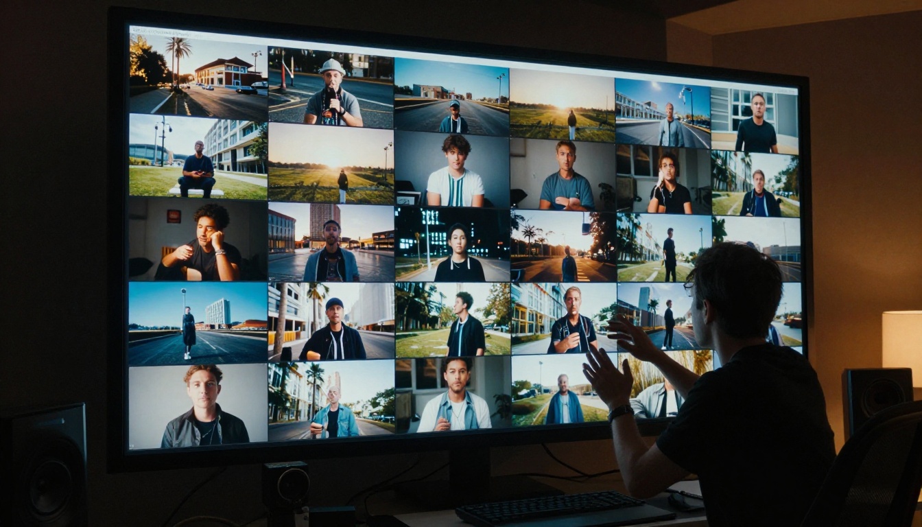 A large studio monitor filled with a dense grid of dozens of photorealistic generated images, a person gesturing at the screen