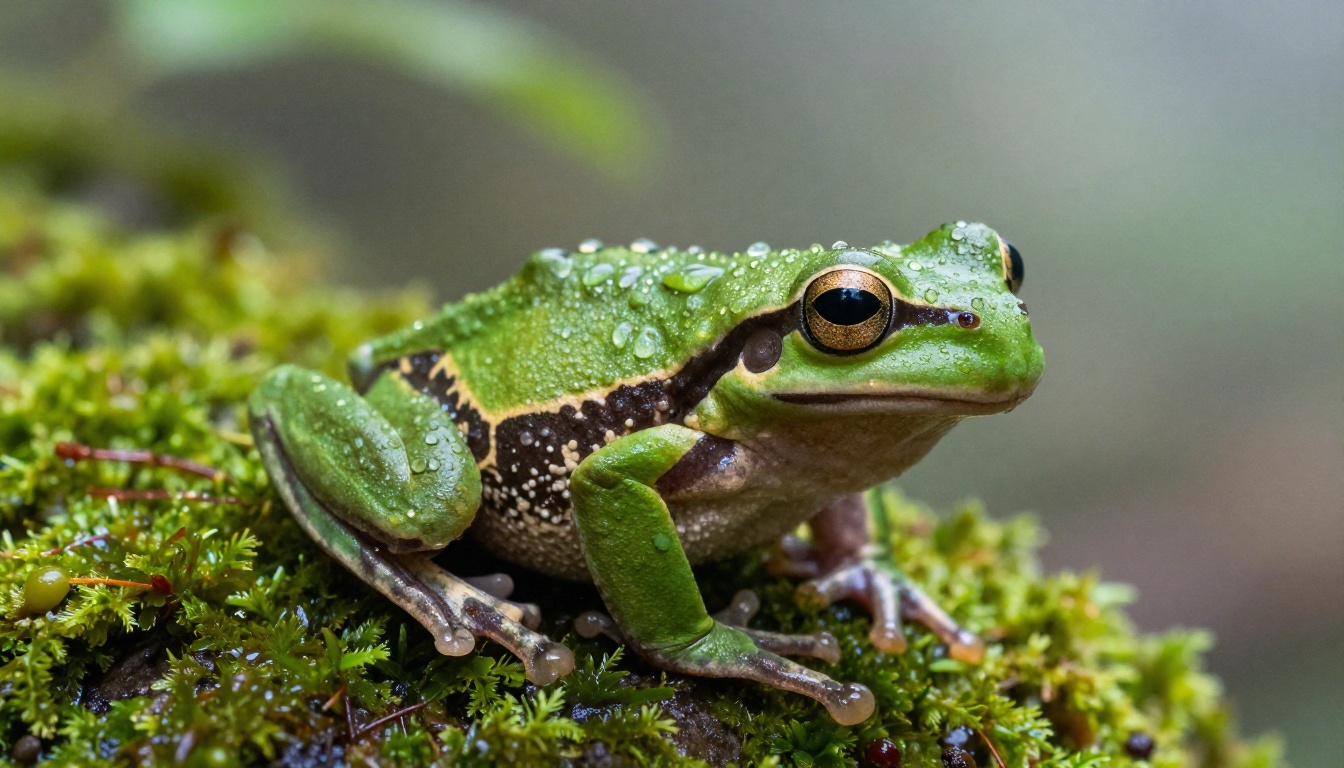 Extreme macro of a single dew-covered green tree frog on a moss-covered rock, tiny water droplets, soft morning light through canopy
