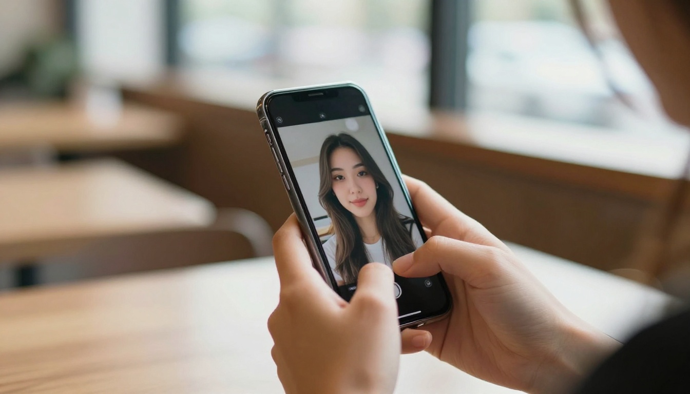 A creator generating images on a phone in a bright cafe